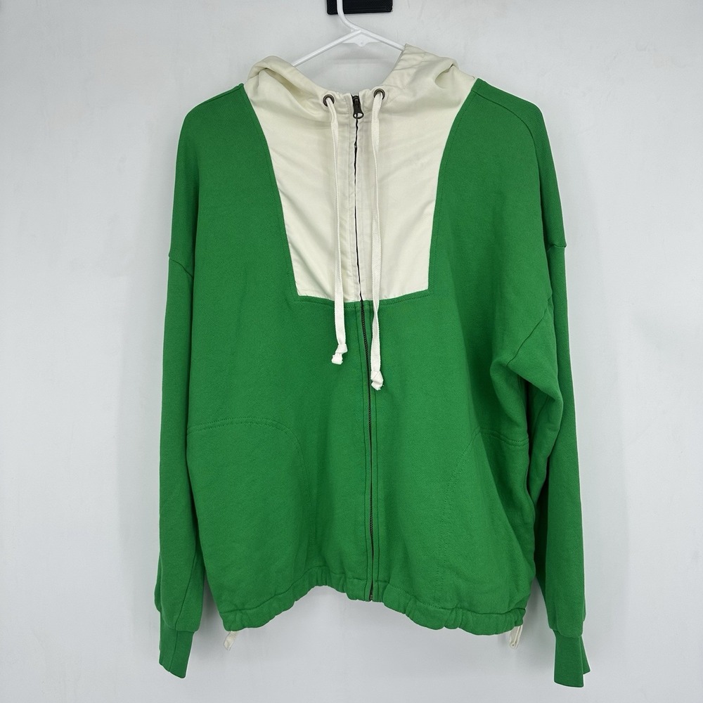 NWOT J.Crew Women's Green Ivory Terry Fleece Full Zip Anorak Hoodie M Drawstring - Picture 2 of 15